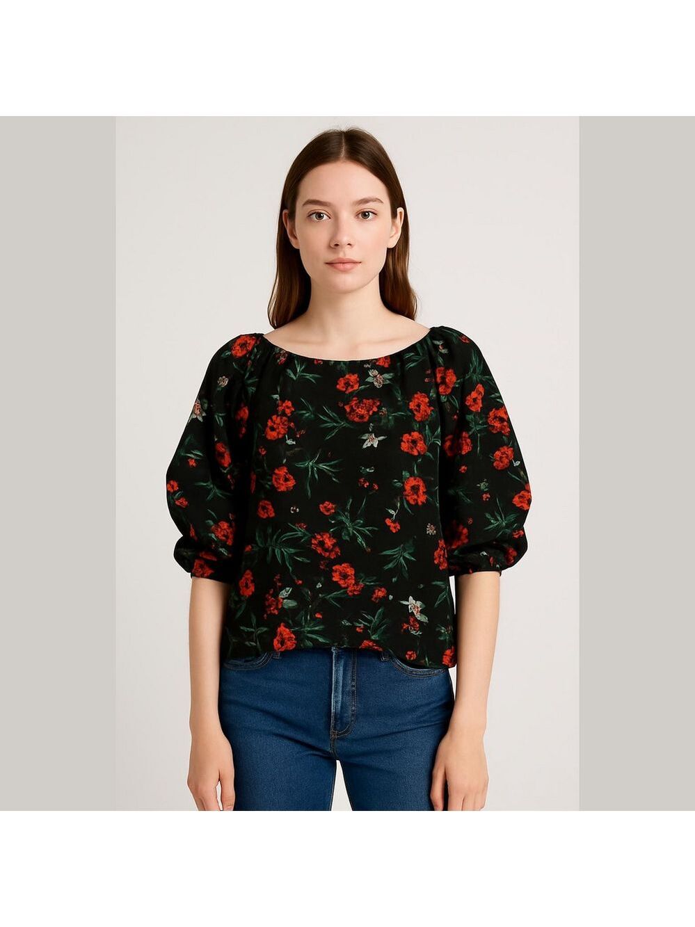 Gibson Latimer Black Top with Floral Accents Hummingbirds puff sleeve